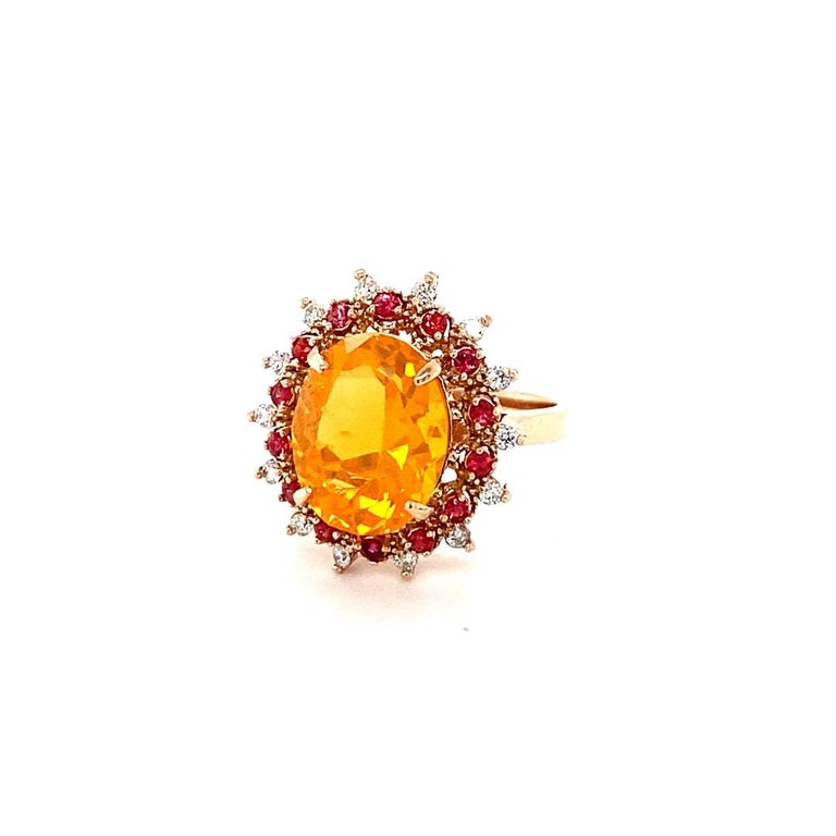 3.83 Carat Fire Opal Sapphire Diamond Yellow Gold Cocktail Ring