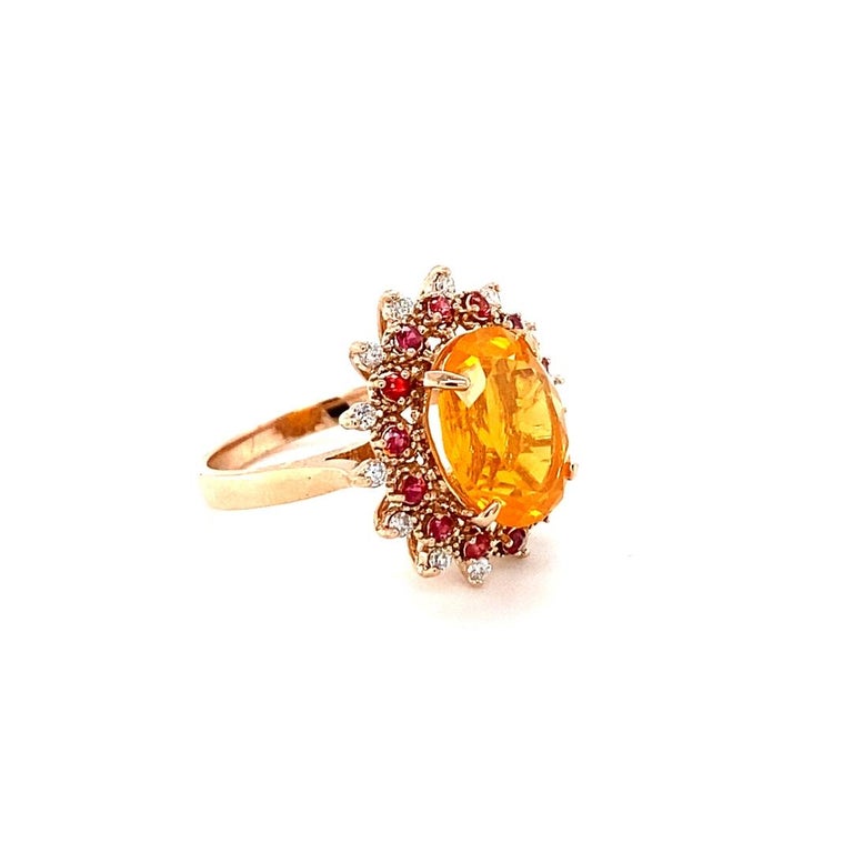 3.83 Carat Fire Opal Sapphire Diamond Yellow Gold Cocktail Ring