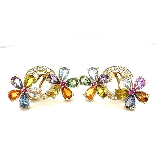 9.52 Carat Multicolor Sapphire Diamond Yellow Gold Earrings