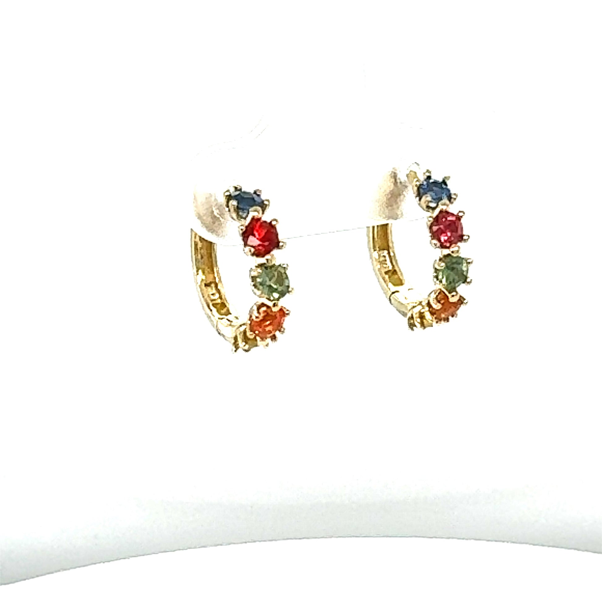 1.13 Carat Multicolor Sapphire Yellow Gold Huggy Earrings