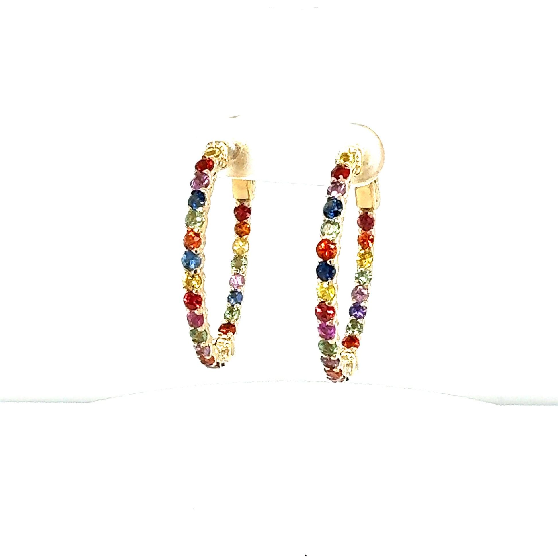 3.22 Carat Rainbow Sapphire Inside Out Yellow Gold Hoop Earrings