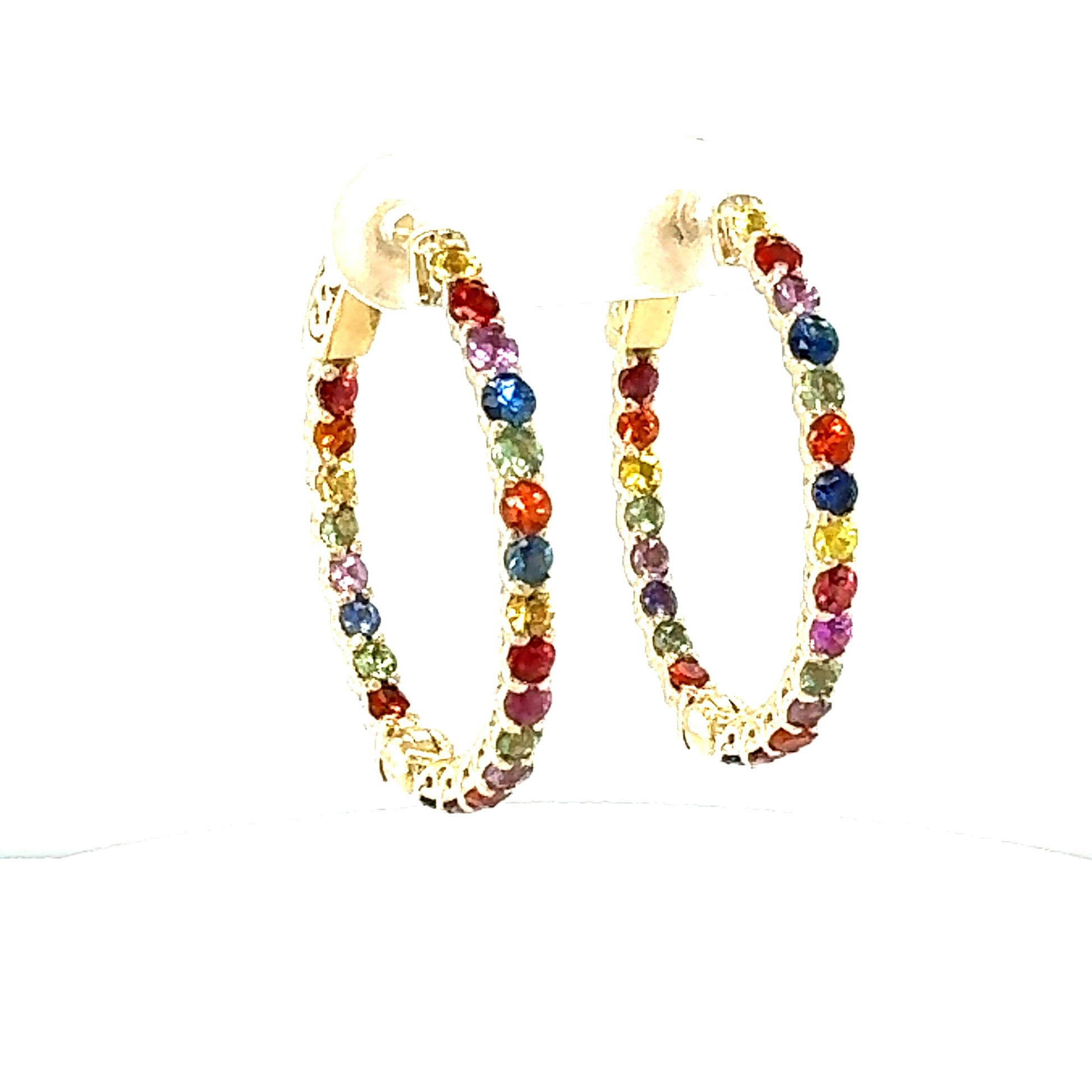 3.22 Carat Rainbow Sapphire Inside Out Yellow Gold Hoop Earrings