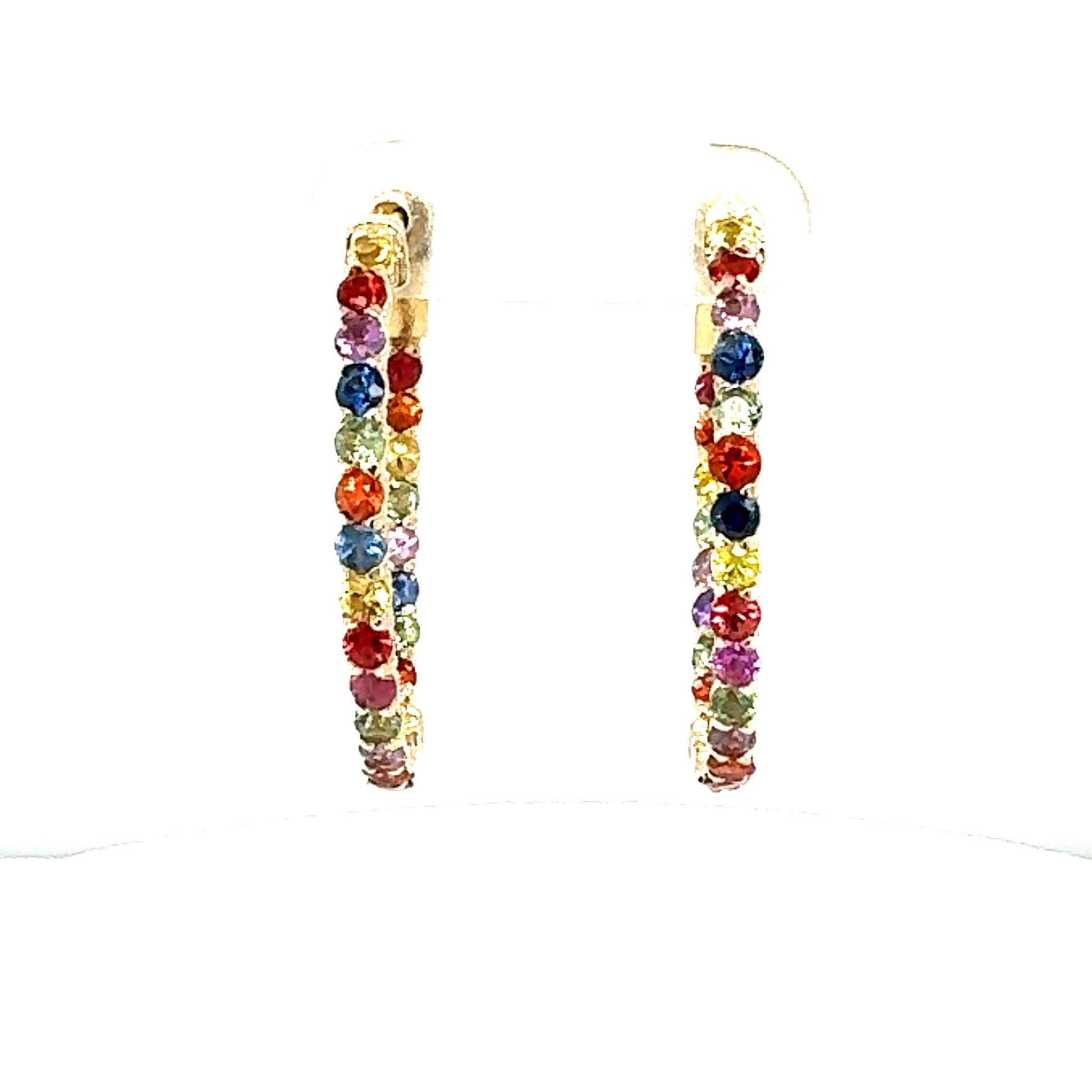 3.22 Carat Rainbow Sapphire Inside Out Yellow Gold Hoop Earrings