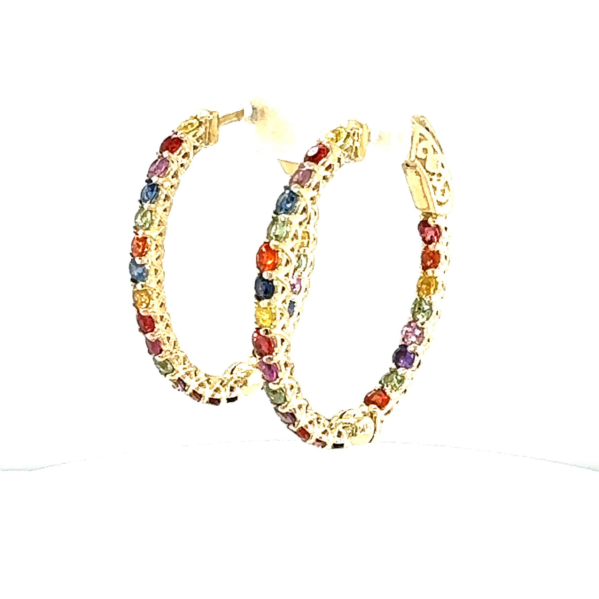 3.22 Carat Rainbow Sapphire Inside Out Yellow Gold Hoop Earrings