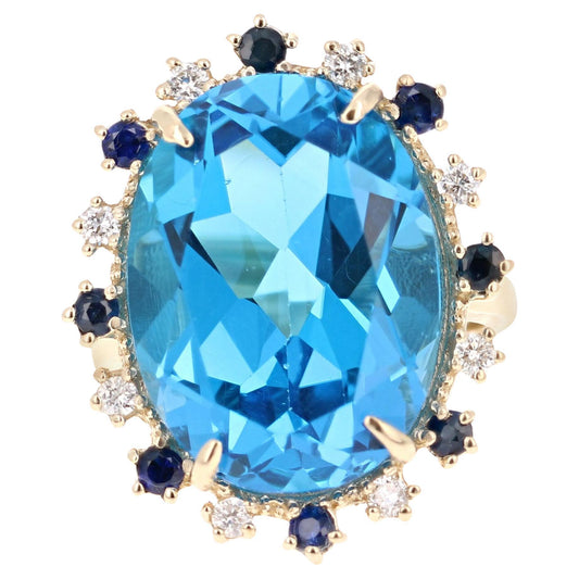 21.50 Carat Blue Topaz Diamond Yellow Gold Cocktail Ring