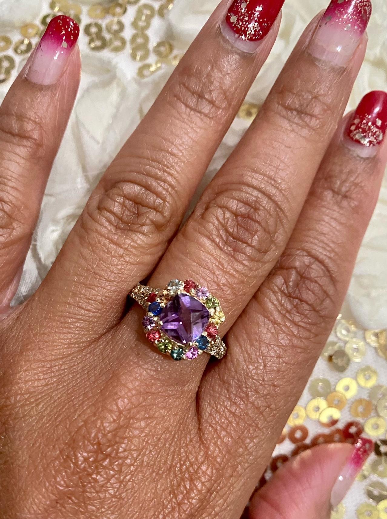 2.38 Carat Amethyst Sapphire Diamond Yellow Gold Cocktail Ring