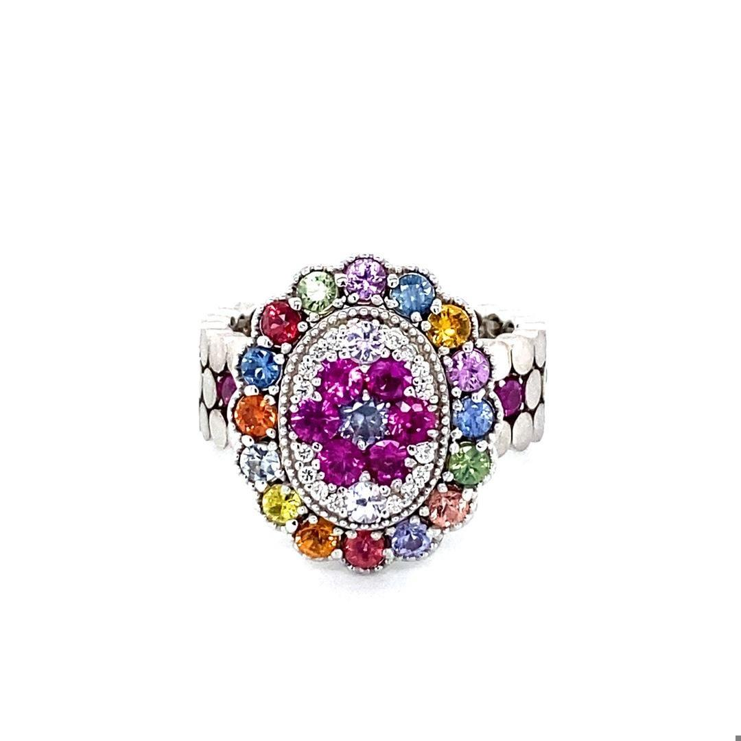 2.41 Carat Natural Multi Color Sapphire Diamond White Gold Cocktail Ring