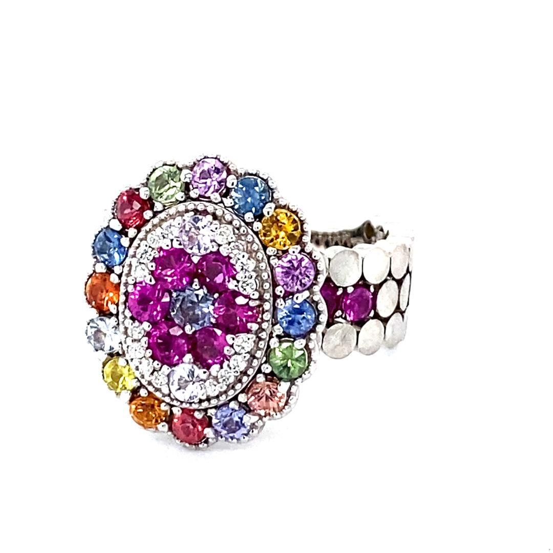 2.41 Carat Natural Multi Color Sapphire Diamond White Gold Cocktail Ring