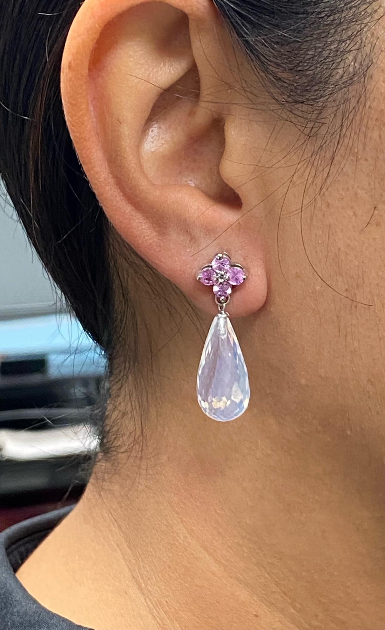 27.07 Carat Moon Quartz Sapphire White Gold Drop Earrings