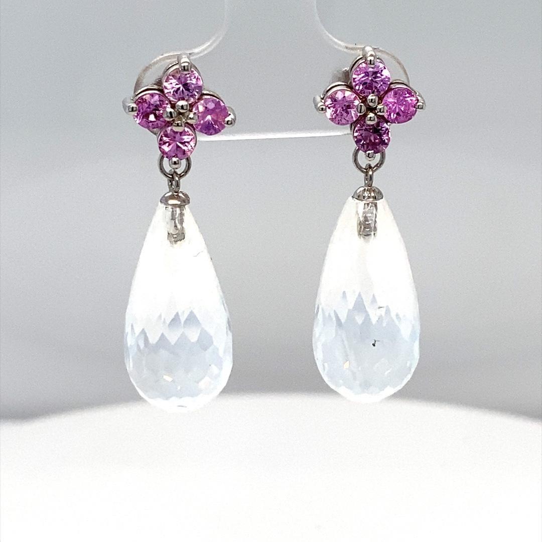 27.07 Carat Moon Quartz Sapphire White Gold Drop Earrings