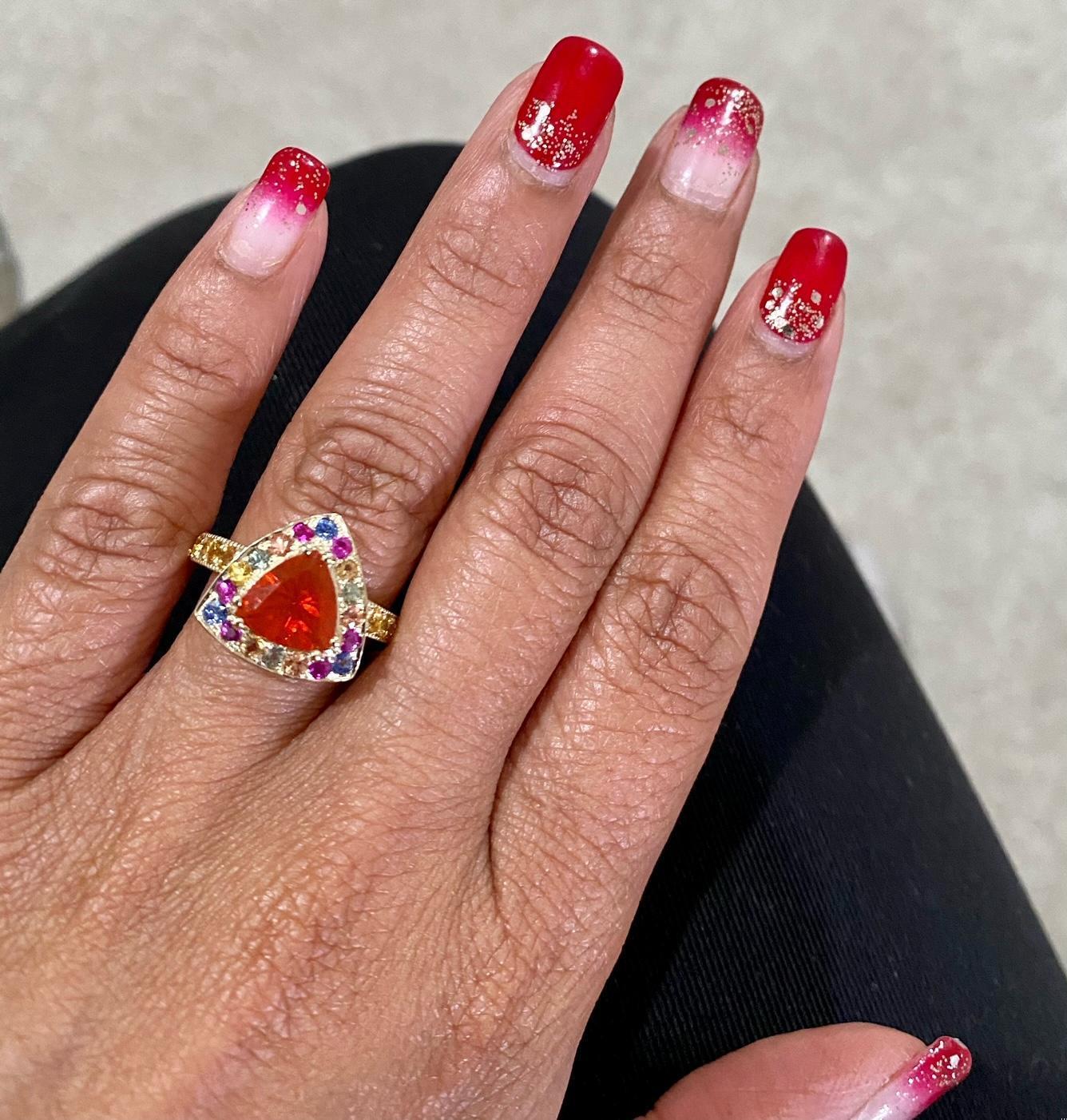 2.77 Carat Trillion Cut Fire Opal Sapphire Yellow Gold Cocktail Ring