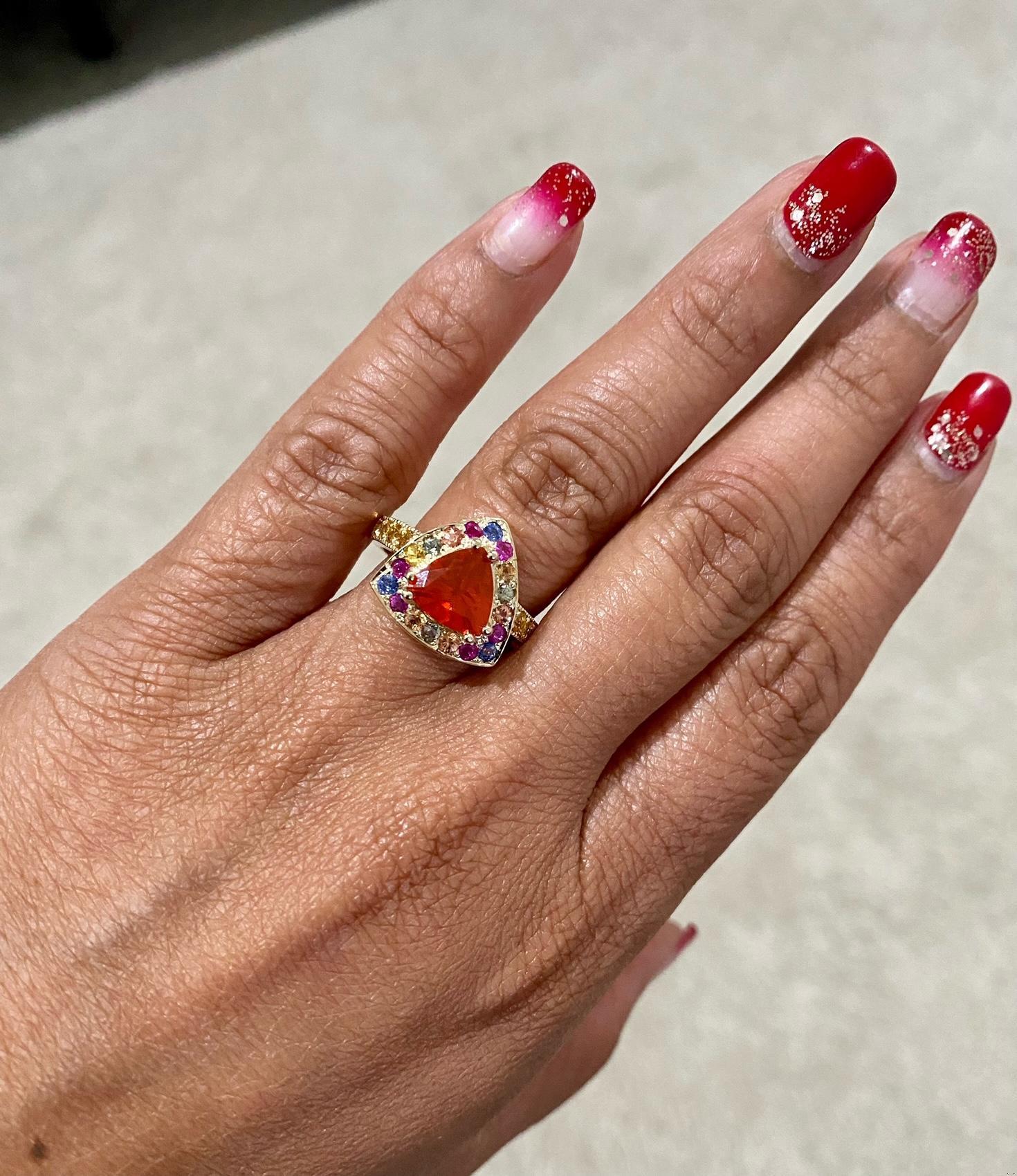 2.77 Carat Trillion Cut Fire Opal Sapphire Yellow Gold Cocktail Ring