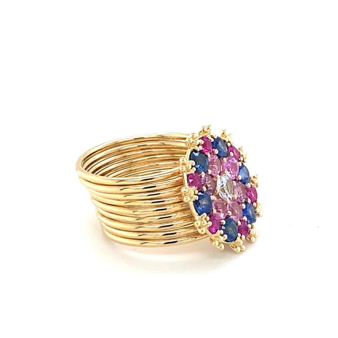 3.00 Carat Natural Multi Color Sapphire Diamond Yellow Gold Cocktail Ring