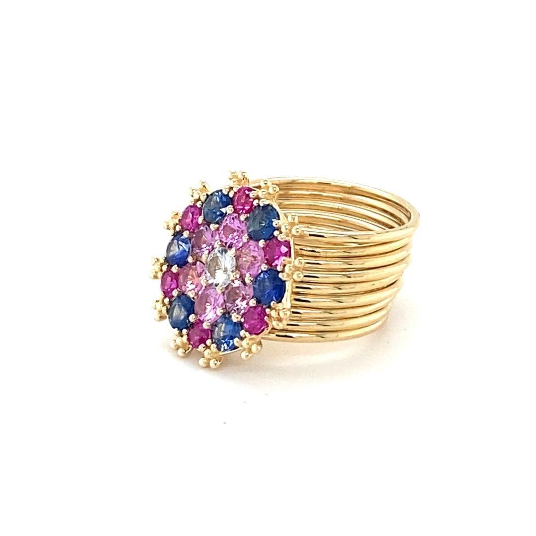 3.00 Carat Natural Multi Color Sapphire Diamond Yellow Gold Cocktail Ring