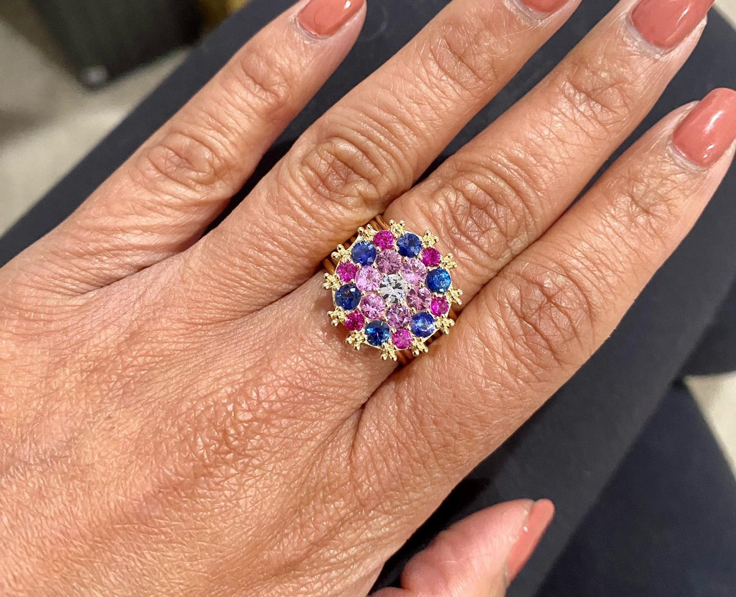 3.00 Carat Natural Multi Color Sapphire Diamond Yellow Gold Cocktail Ring