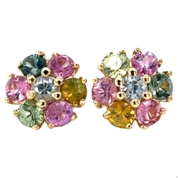 3.20 Carat Multi-Color Sapphire Yellow Gold Stud Earrings