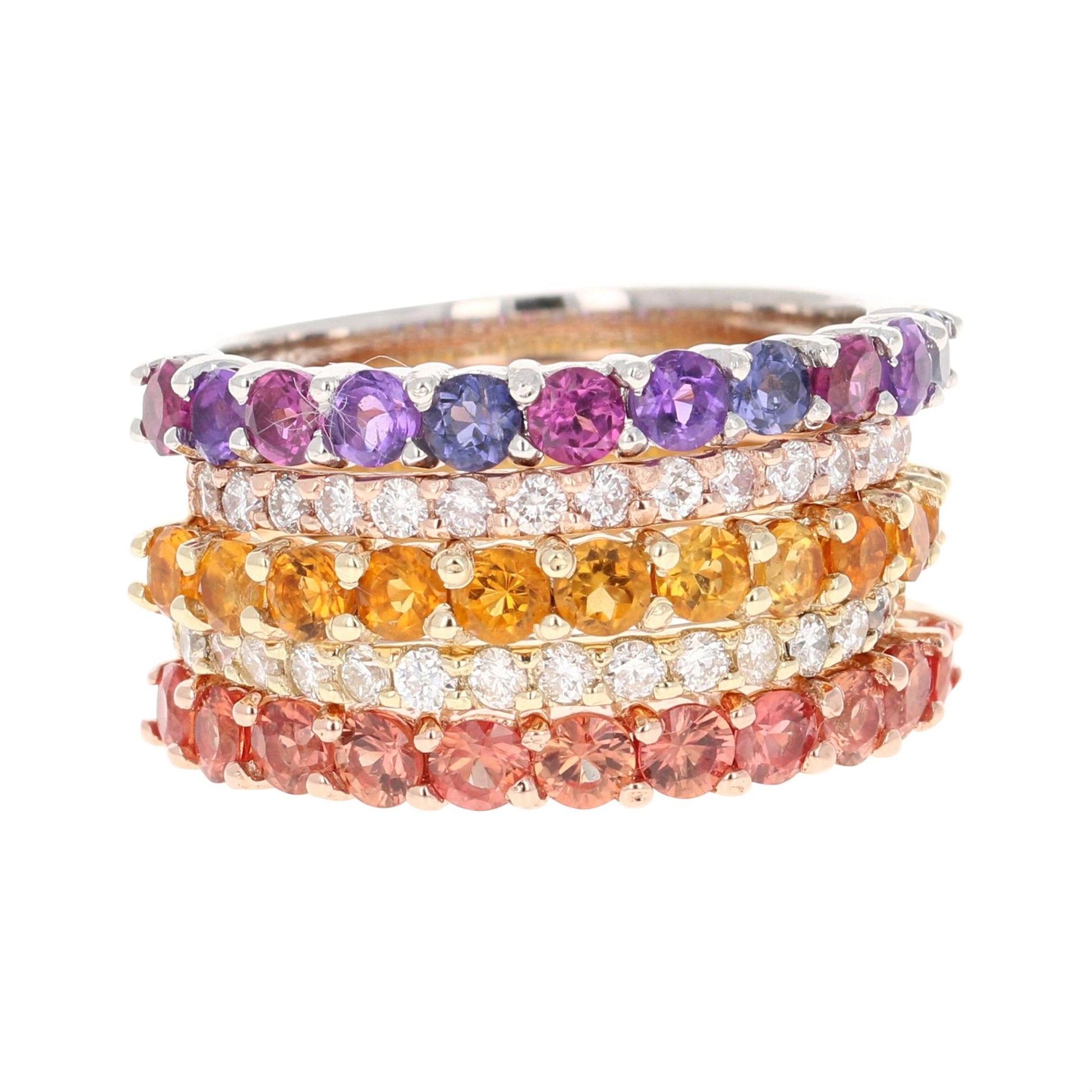 3.33 Carat Multi Color Gemstone Diamond 14 Karat Gold Stackable Bands