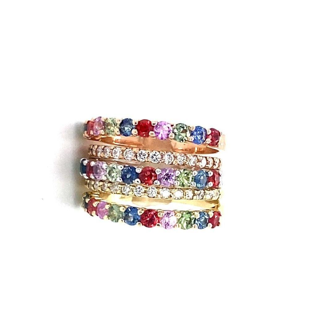 3.38 Carat Multi Color Sapphire Diamond Stackable Gold Bands