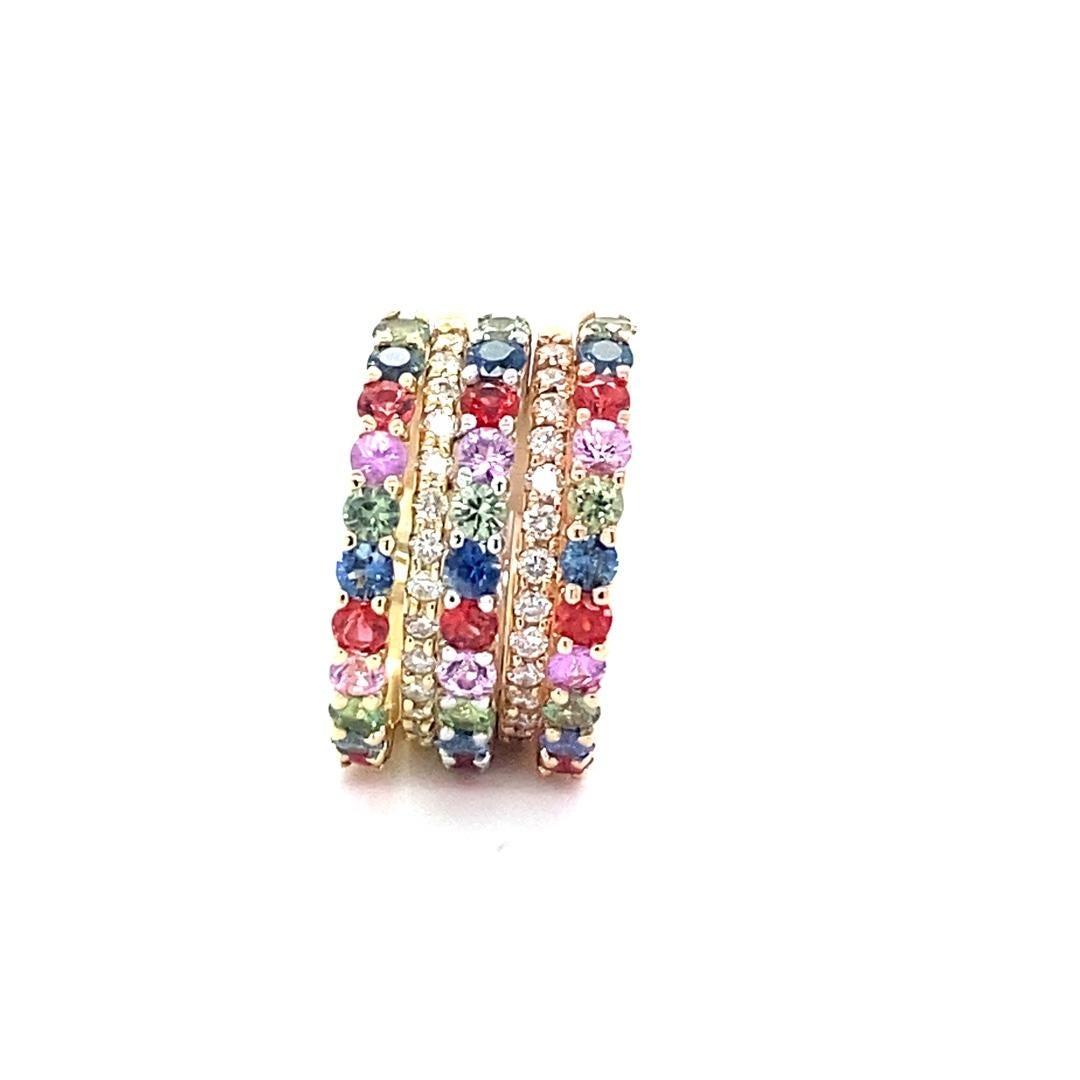 3.38 Carat Multi Color Sapphire Diamond Stackable Gold Bands