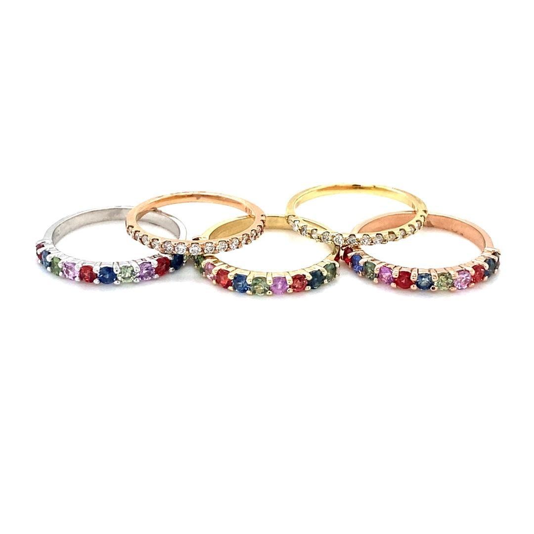 3.38 Carat Multi Color Sapphire Diamond Stackable Gold Bands