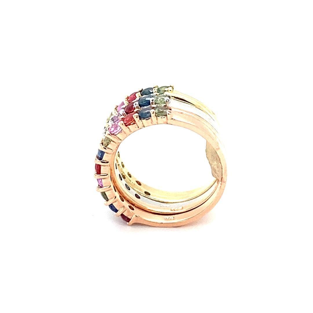 3.38 Carat Multi Color Sapphire Diamond Stackable Gold Bands