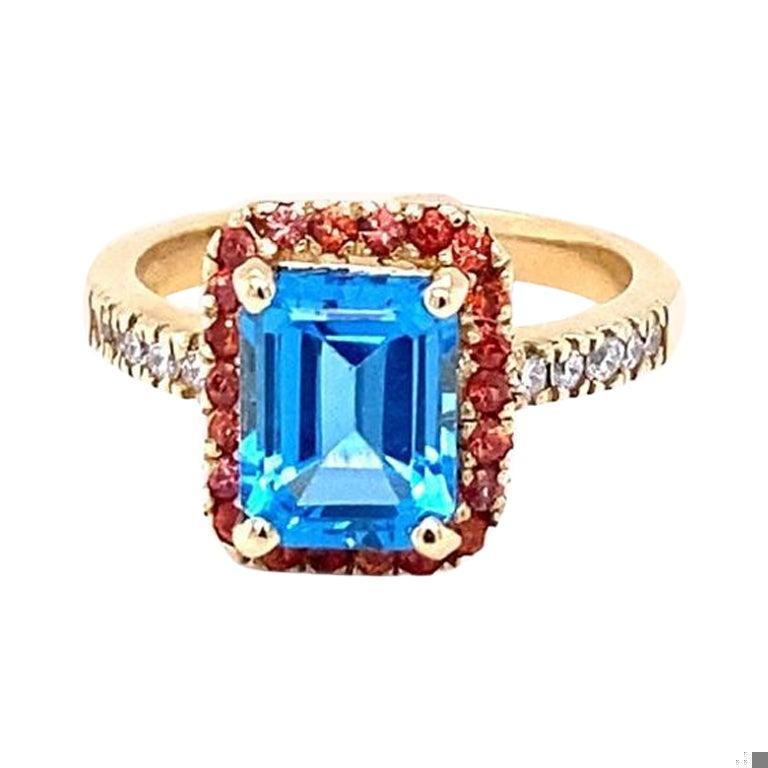 3.41 Carat Blue Topaz Sapphire Diamond Yellow Gold Engagement Ring