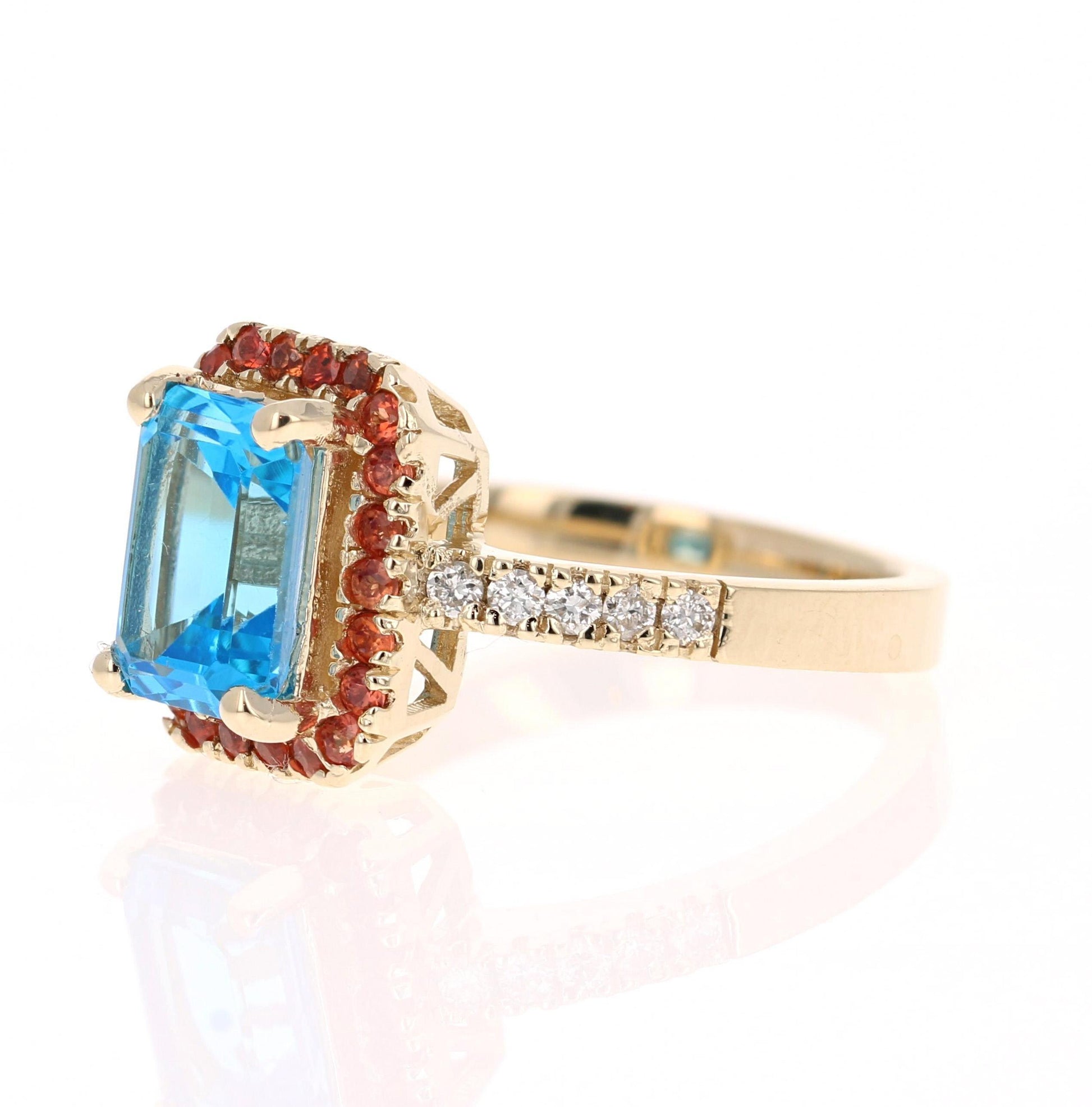 3.41 Carat Blue Topaz Sapphire Diamond Yellow Gold Engagement Ring