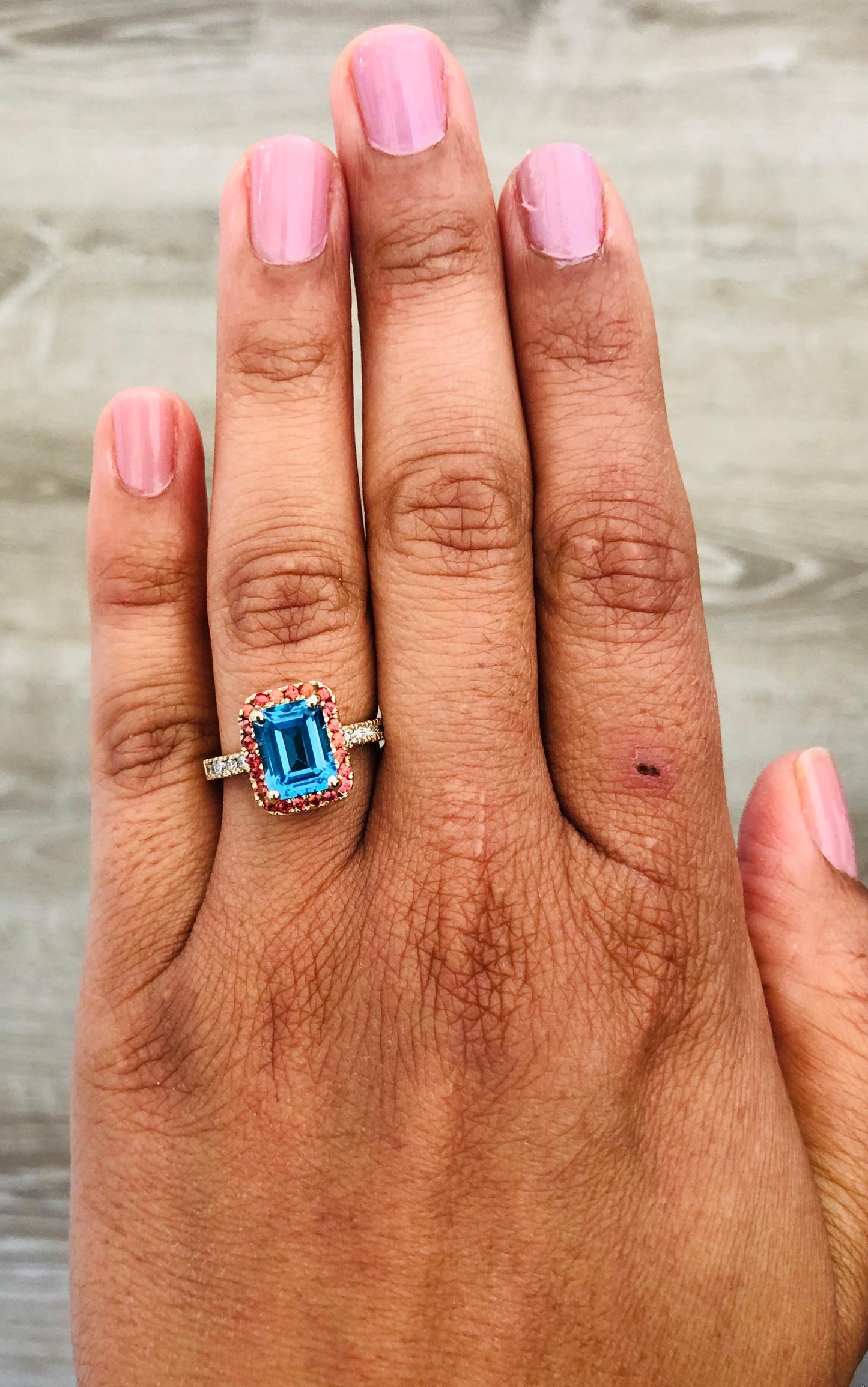 3.41 Carat Blue Topaz Sapphire Diamond Yellow Gold Engagement Ring