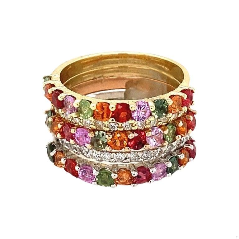 3.42Carat Multi Color Sapphire Diamond Gold Stackable Bands