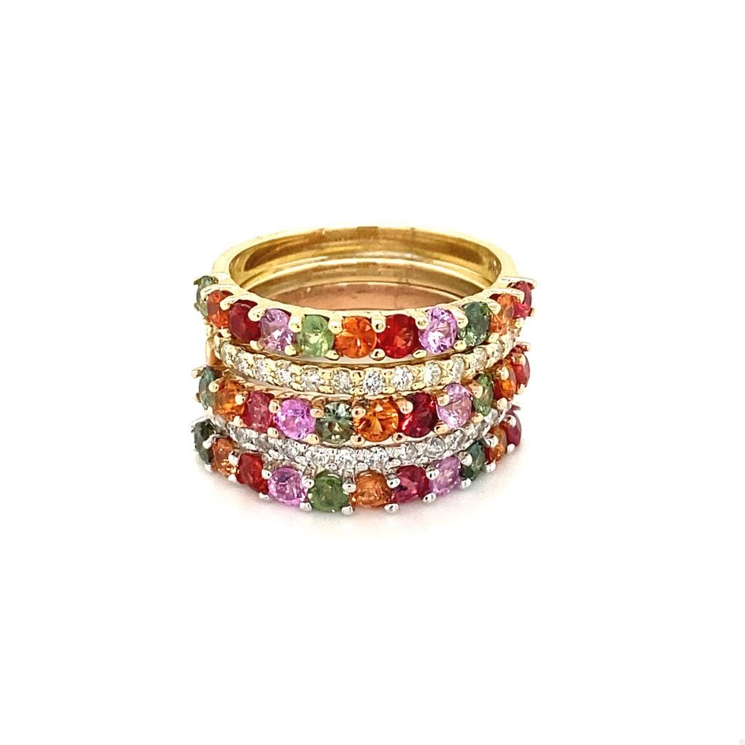 3.42Carat Multi Color Sapphire Diamond Gold Stackable Bands