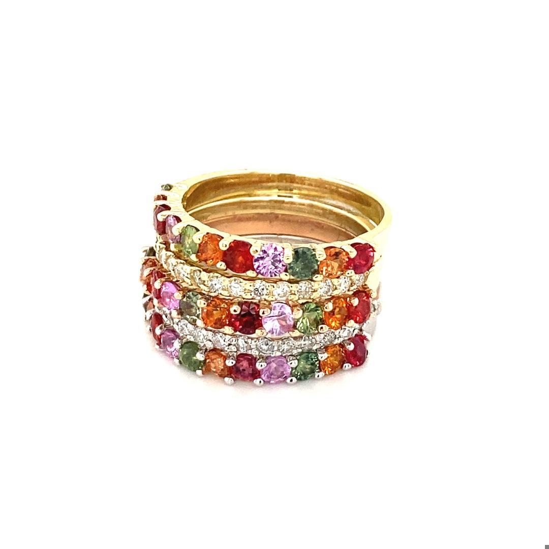 3.42Carat Multi Color Sapphire Diamond Gold Stackable Bands