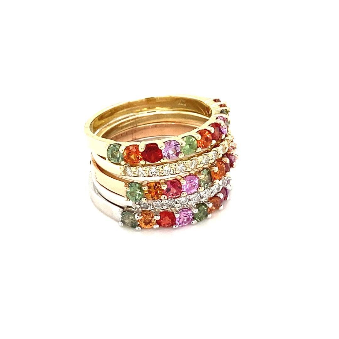 3.42Carat Multi Color Sapphire Diamond Gold Stackable Bands