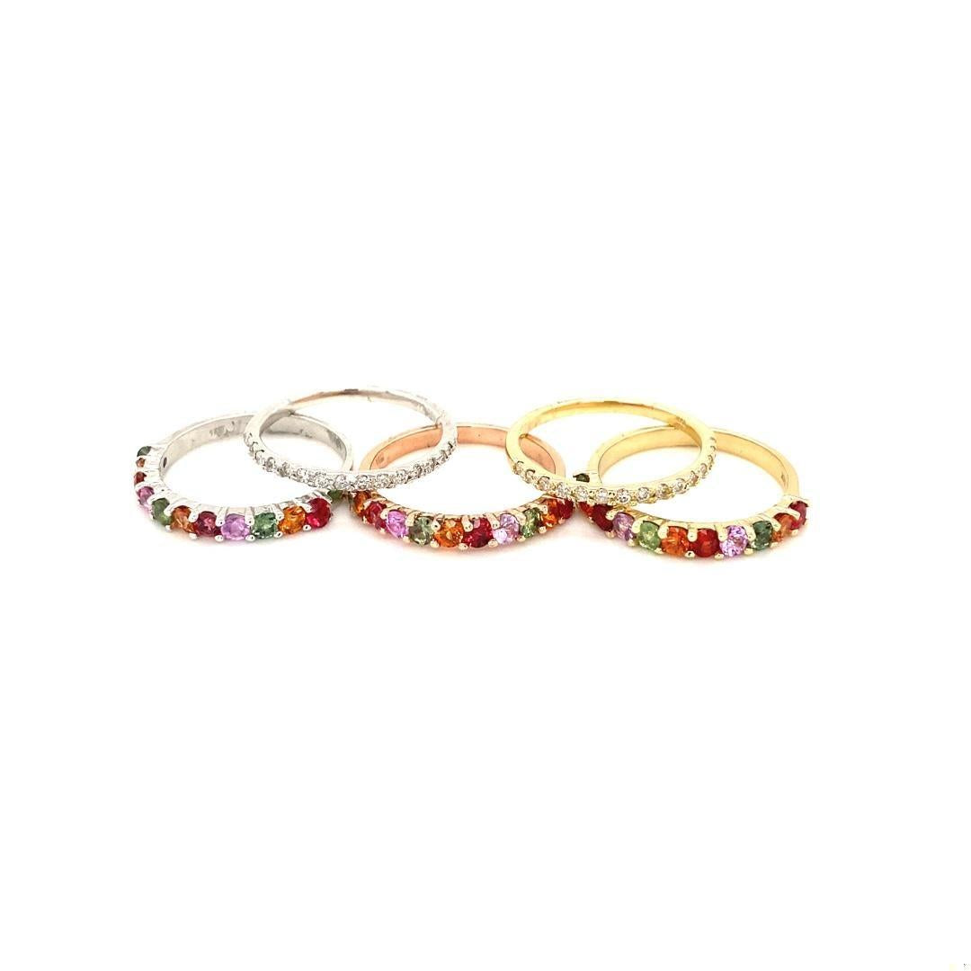 3.42Carat Multi Color Sapphire Diamond Gold Stackable Bands