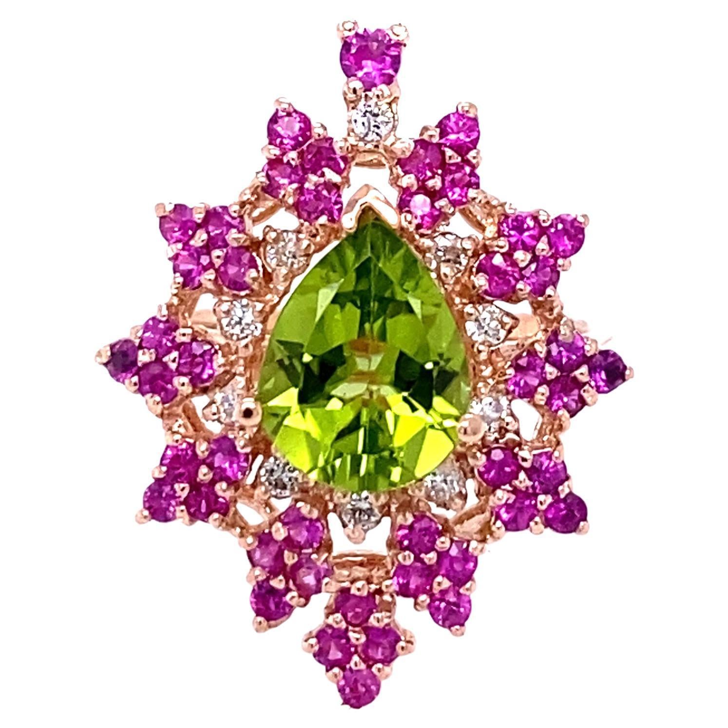 3.51 Carat Natural Peridot Sapphire Diamond Rose Gold Cocktail Ring
