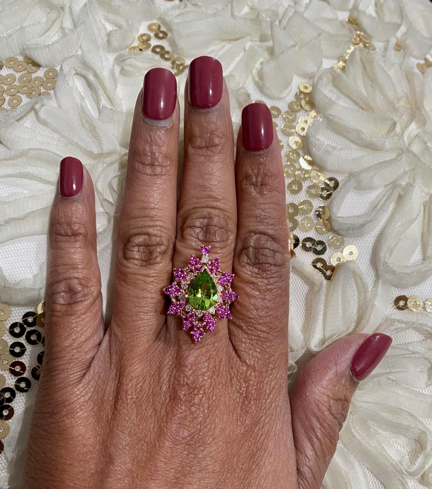 3.51 Carat Natural Peridot Sapphire Diamond Rose Gold Cocktail Ring