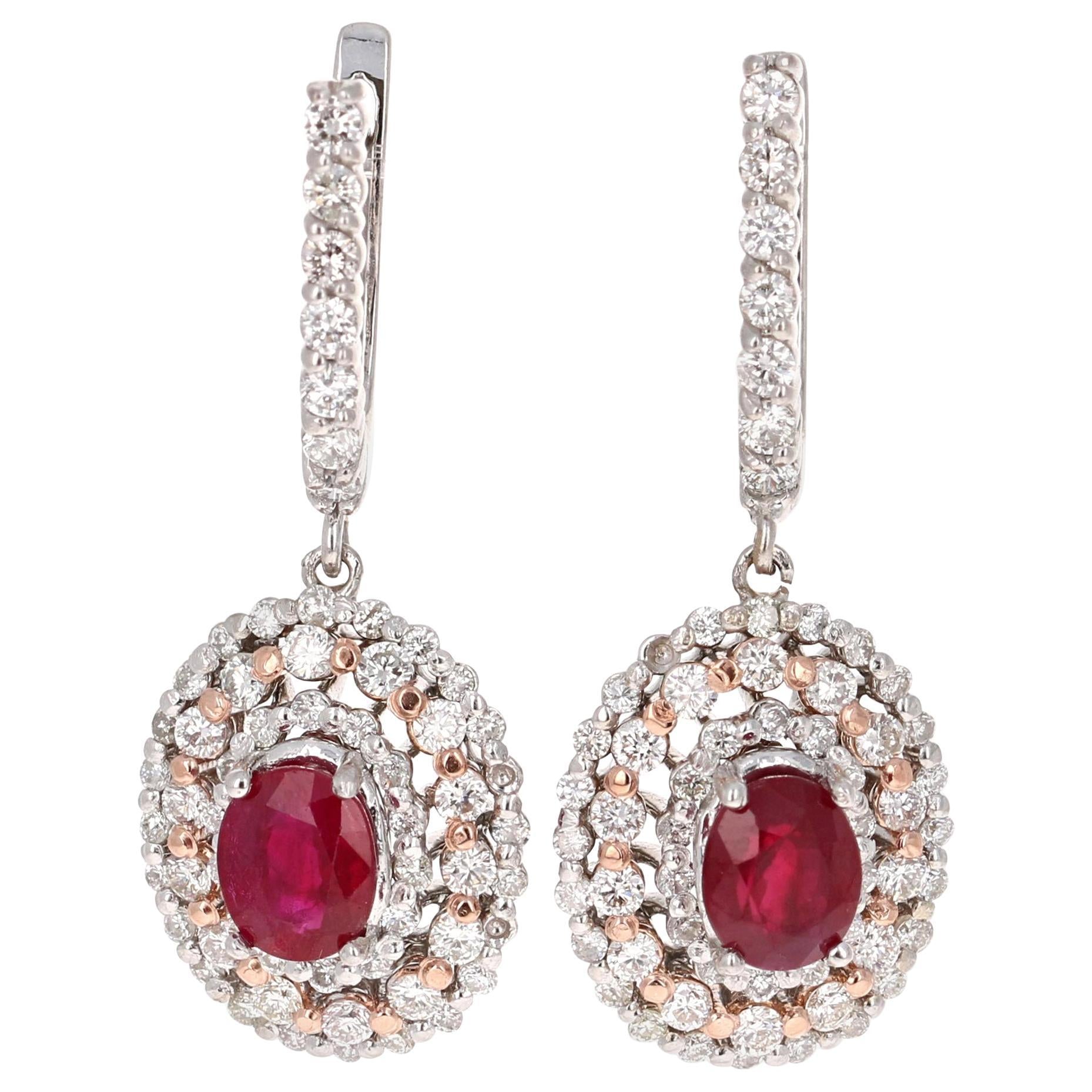 Roshe Jewels Ruby Earrings, 3.55 Carats Ruby and Diamond Earrings in 14K Gold
