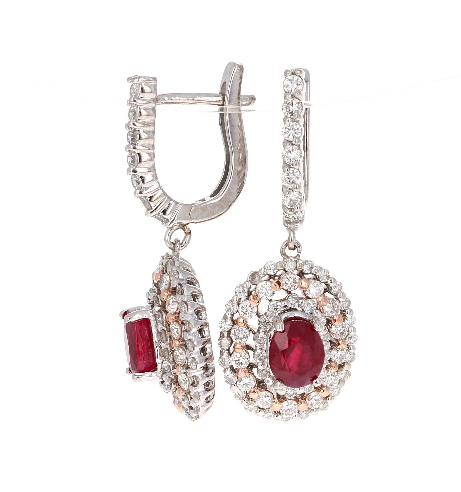 Roshe Jewels Ruby Earrings, 3.55 Carats Ruby and Diamond Earrings in 14K Gold