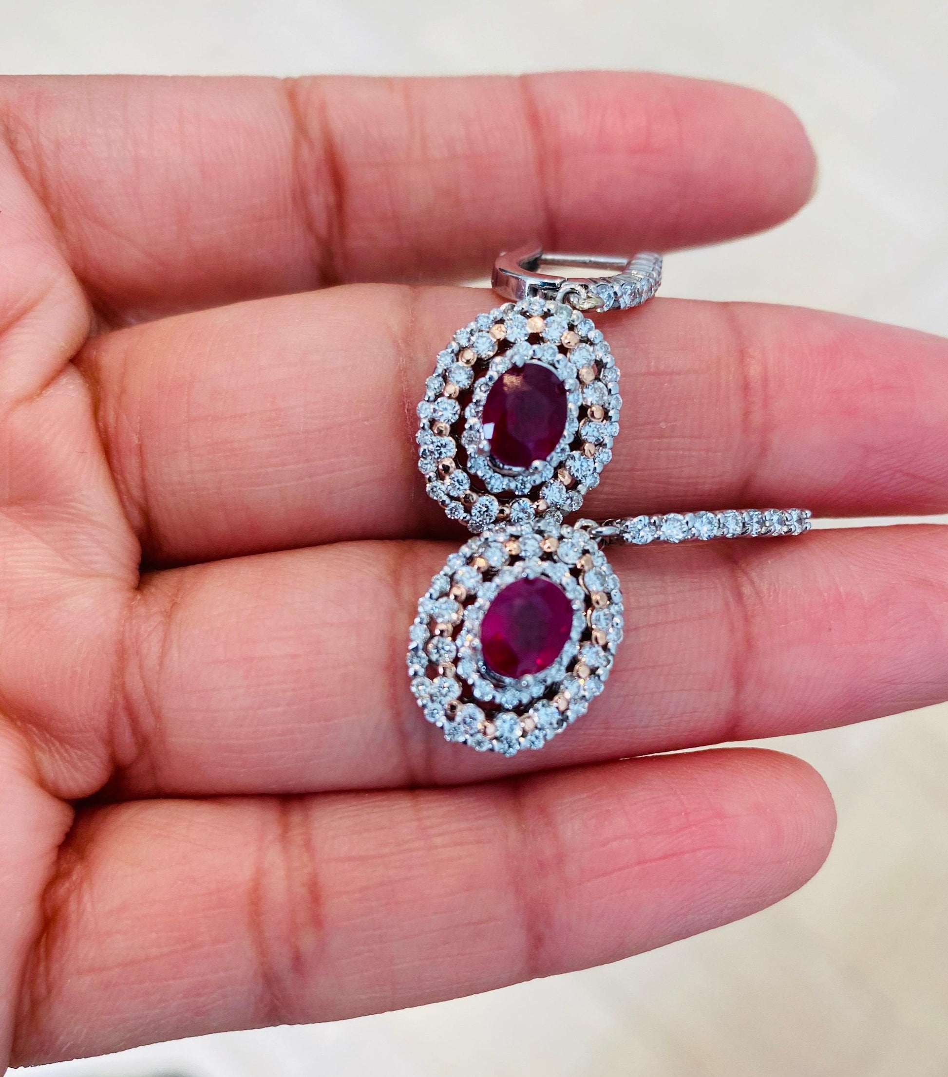 Roshe Jewels Ruby Earrings, 3.55 Carats Ruby and Diamond Earrings in 14K Gold