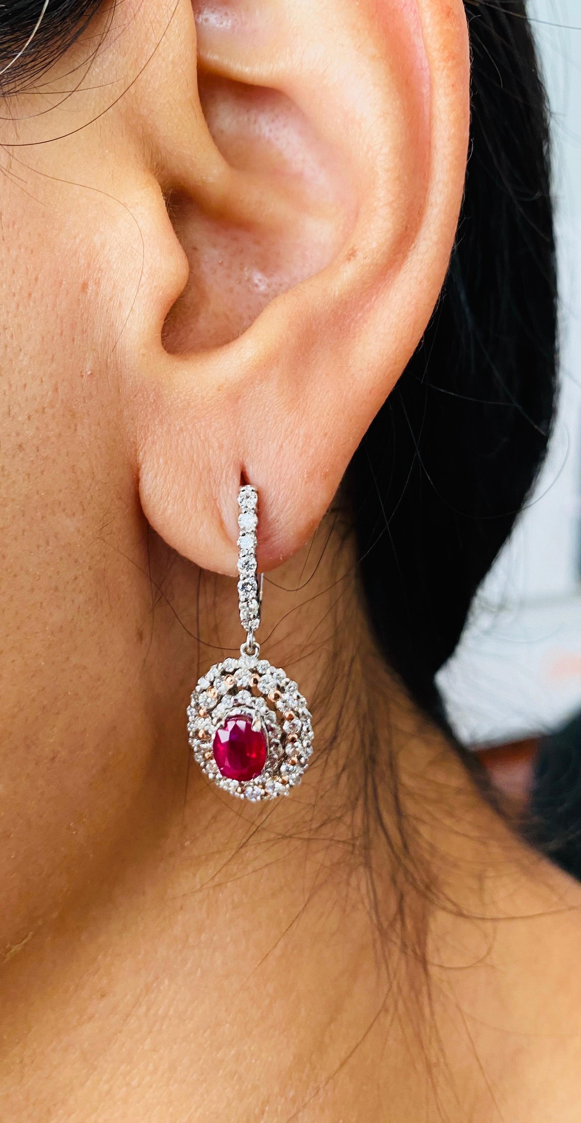 Roshe Jewels Ruby Earrings, 3.55 Carats Ruby and Diamond Earrings in 14K Gold