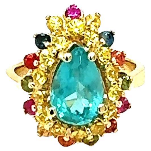 3.74 Carat Natural Apatite Sapphire Yellow Gold Cocktail Ring