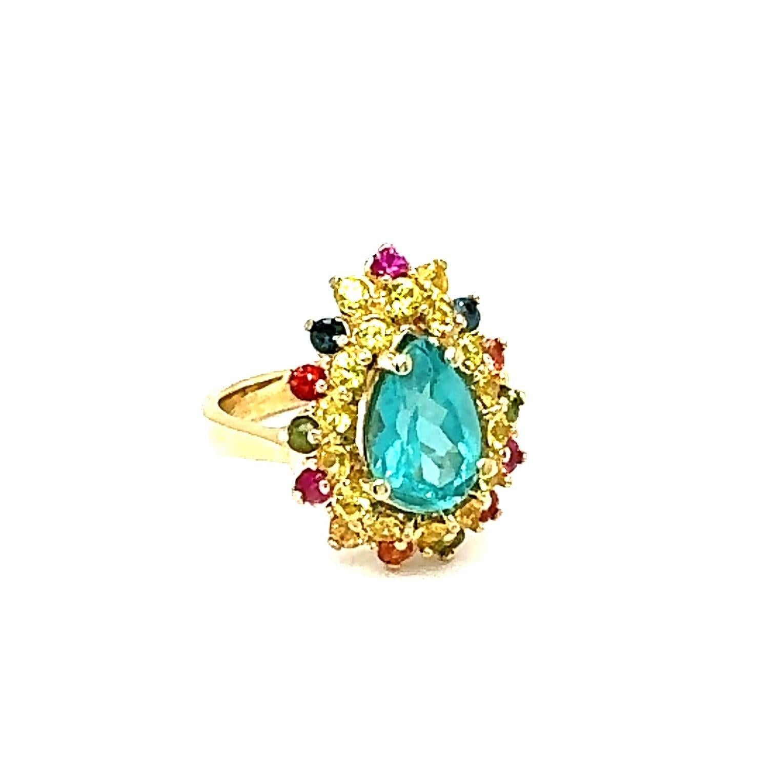 3.74 Carat Natural Apatite Sapphire Yellow Gold Cocktail Ring