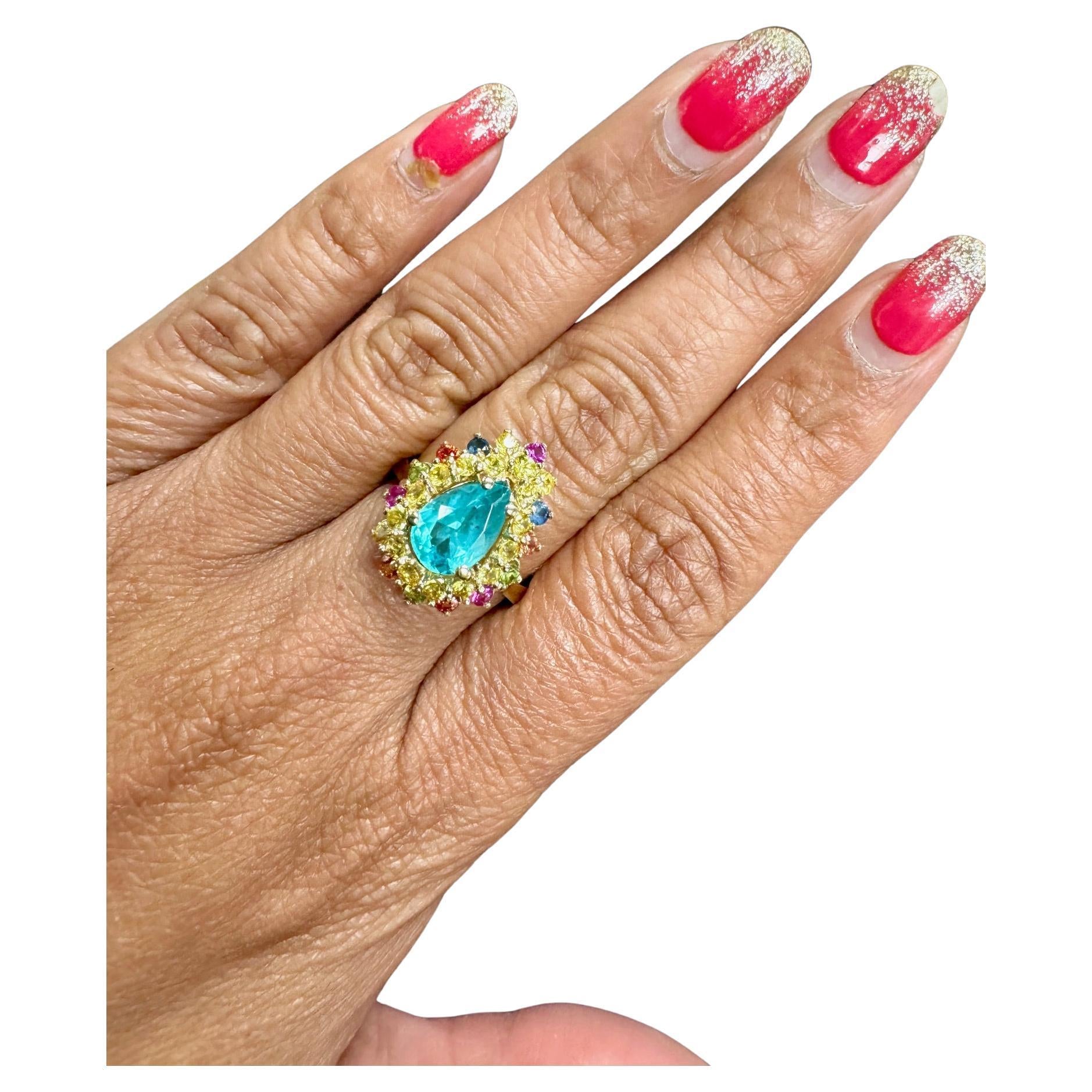 3.74 Carat Natural Apatite Sapphire Yellow Gold Cocktail Ring