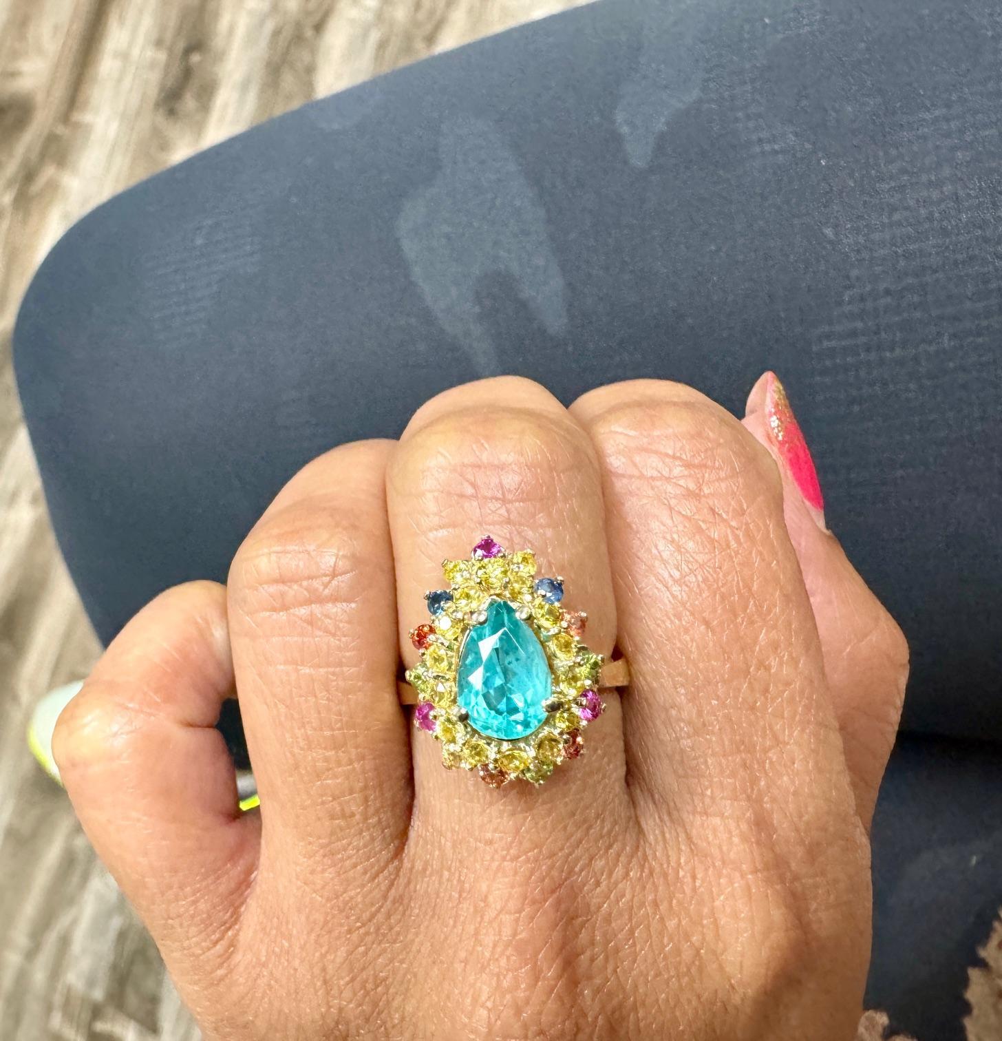 3.74 Carat Natural Apatite Sapphire Yellow Gold Cocktail Ring