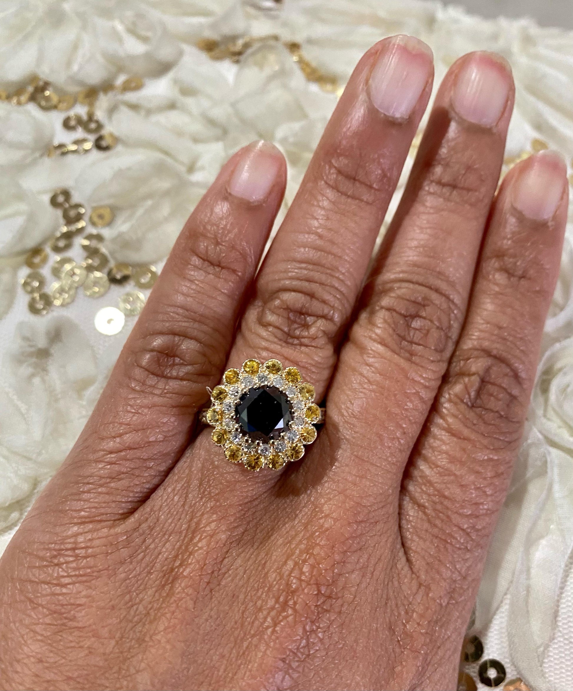 3.90 Carat Round Cut Black Diamond Sapphire Yellow Gold Engagement Ring