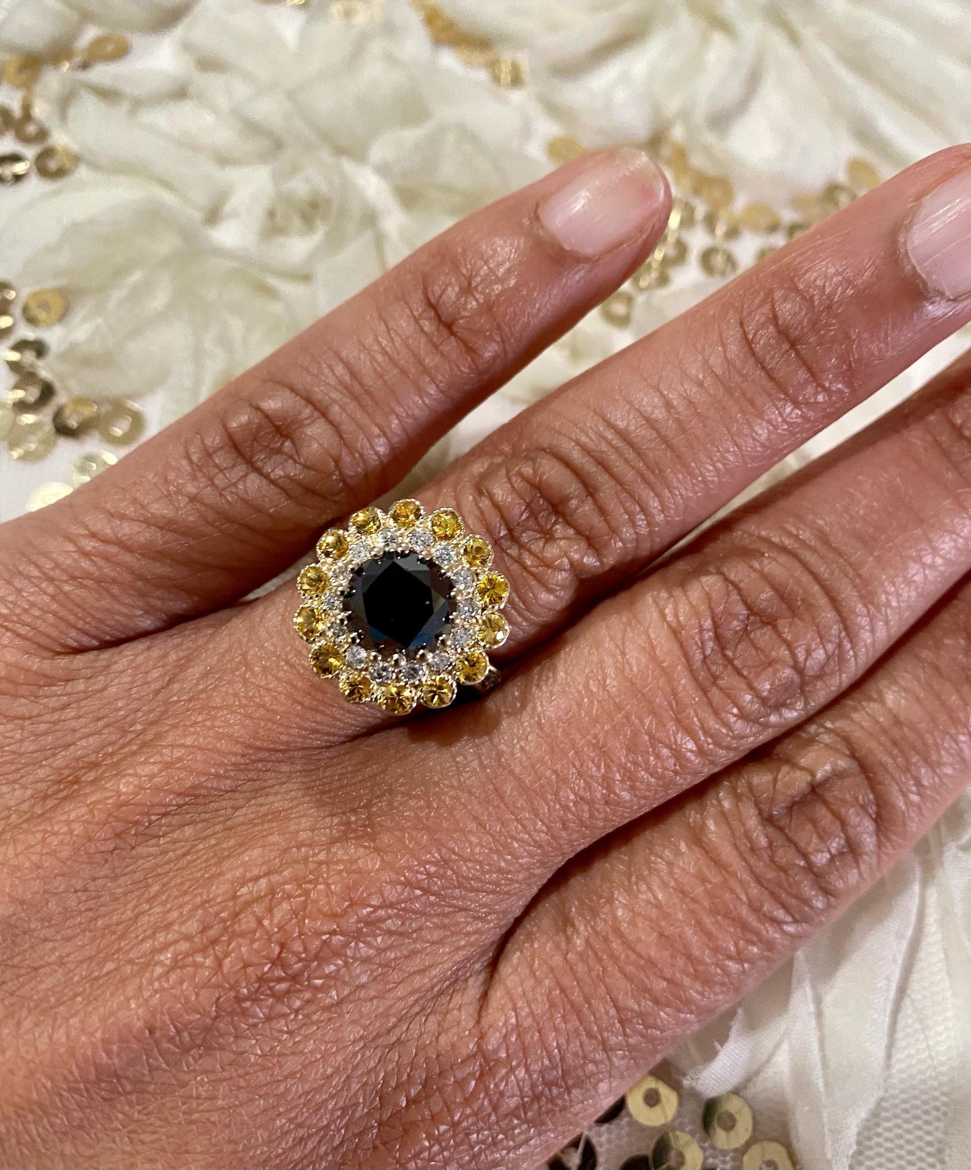 3.90 Carat Round Cut Black Diamond Sapphire Yellow Gold Engagement Ring
