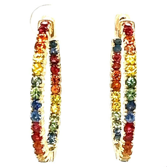 4.12 Carat Rainbow Sapphire Yellow Gold Hoop Earrings