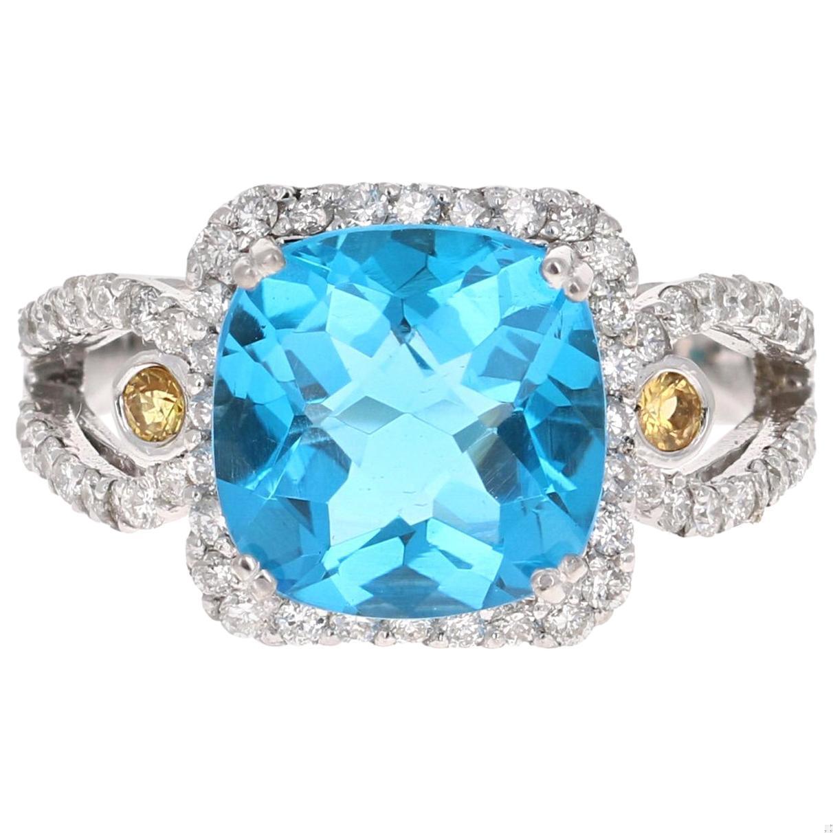 4.61 Carat Blue Topaz Sapphire Diamond White Gold Cocktail Ring