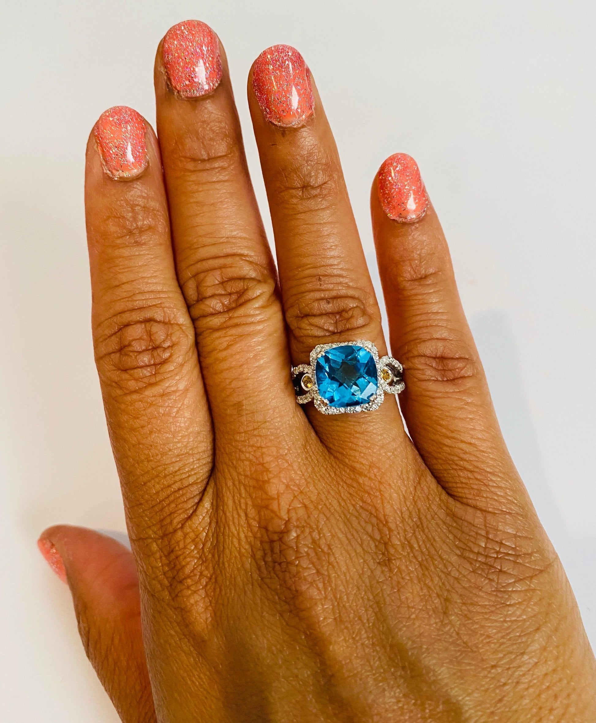 4.61 Carat Blue Topaz Sapphire Diamond White Gold Cocktail Ring