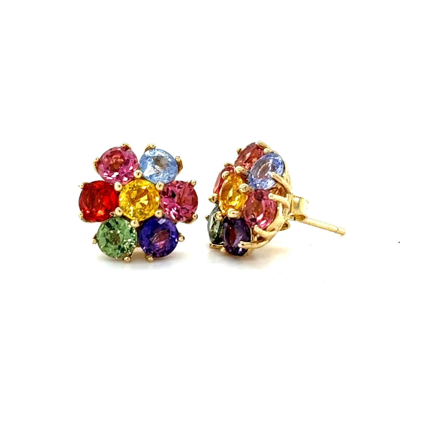 4.74 Carat Natural Multi Color Sapphire Yellow Gold Stud Earrings