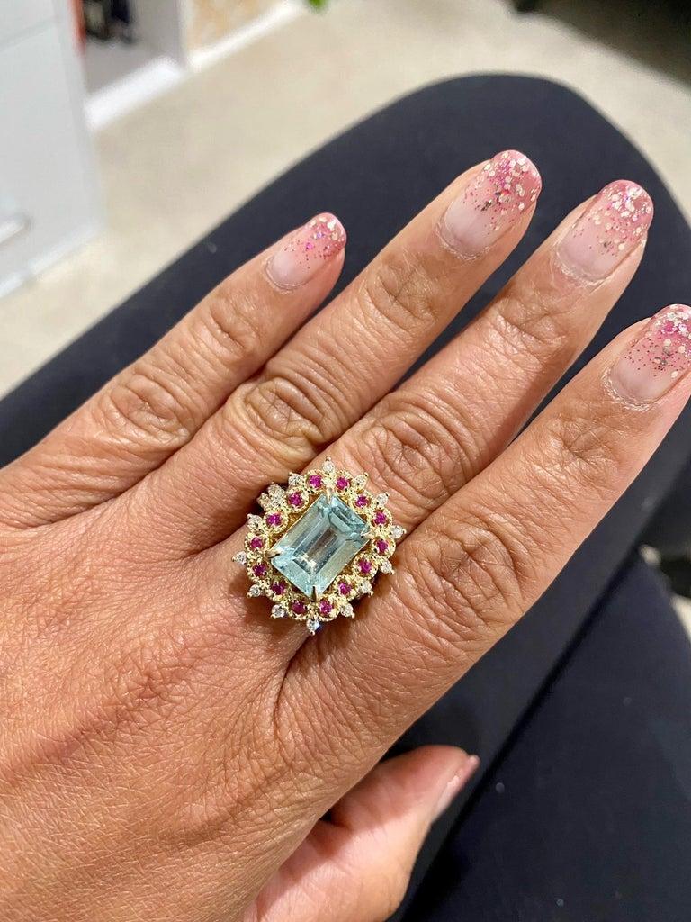 4.90 Ct Aquamarine, Pink Sapphire, Diamond 14 Karat Yellow Gold Cocktail Ring
